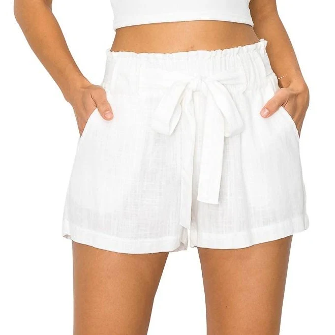 Oceanside Women's Paperbag Linen Shorts with Elastic Waist and Pockets