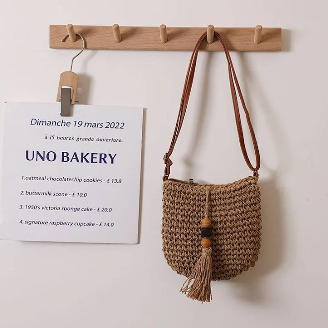 Straw Crossbody Bag with Wooden Bead Tassel