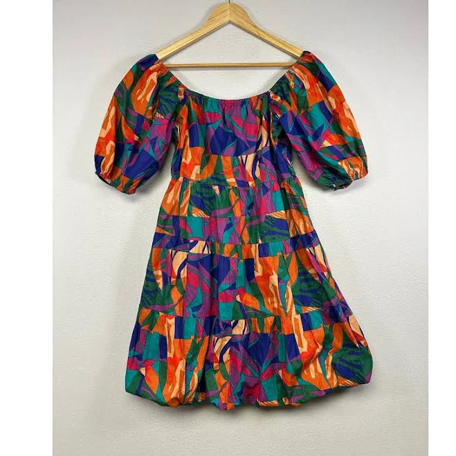 SIM & Sam Boho Artsy Tiered Smocked Puff Sleeve Dress