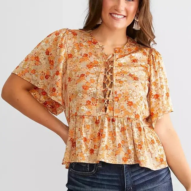 Daytrip Women's Polyester Floral Satin Peplum Top with Buckle