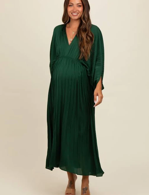 Forest Green Satin Pleated V-Neck Maternity Maxi Dress