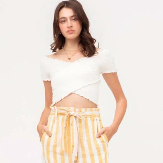 Love Tree Boardwalk Off-The-Shoulder Smocked Crop Top