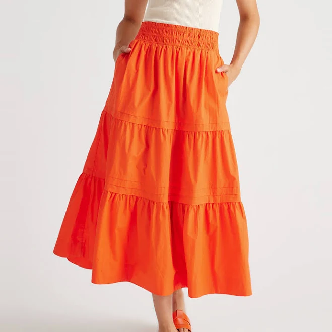 Quince Women's Organic Cotton Poplin Tiered Maxi Skirt with Pockets
