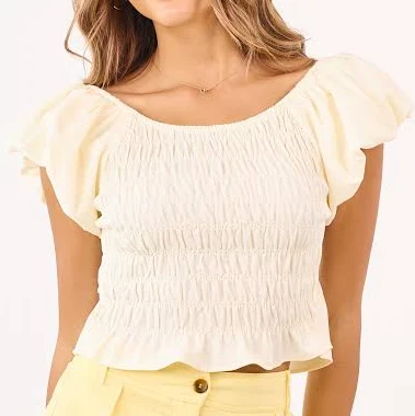 Buttercream Linen Blend Puff Sleeve Smocked Top