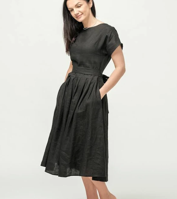 Elegant Linen Midi A-Line Wrap Dress