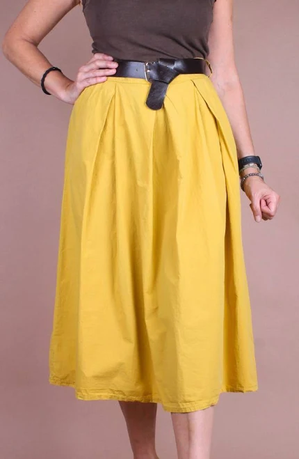 A-Line Cotton Pleated Midi Skirt with Pockets & Belt