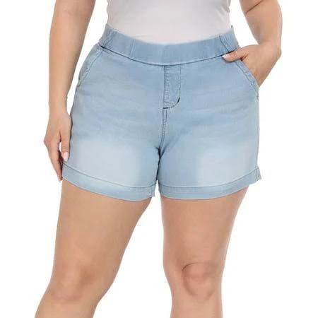 Plus size high-rise denim shorts with comfortable stretch and distressed hem