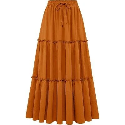 LEVEN Sixteen Women's Boho High Waist Pleated Ruffle Maxi Skirt with Pocket