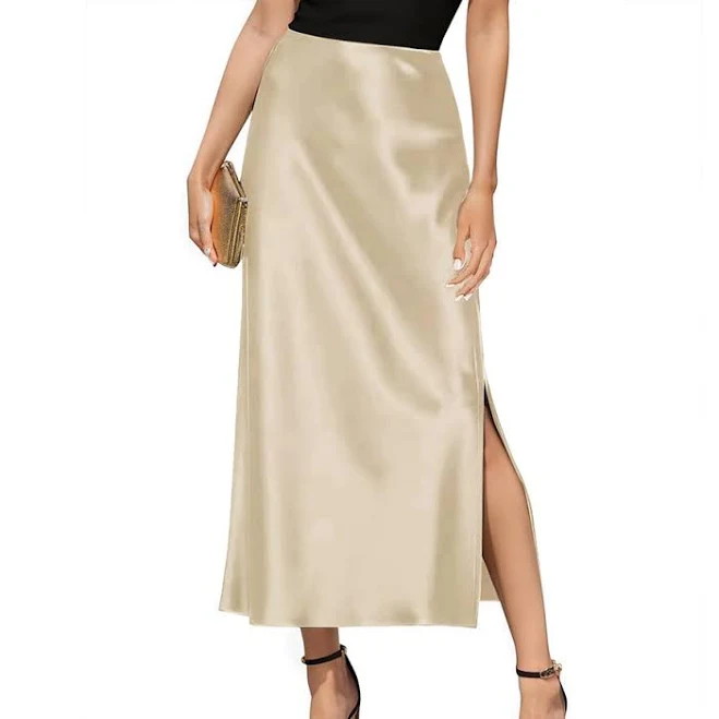 Women's Silk High Waist Maxi Skirt with Side Slit