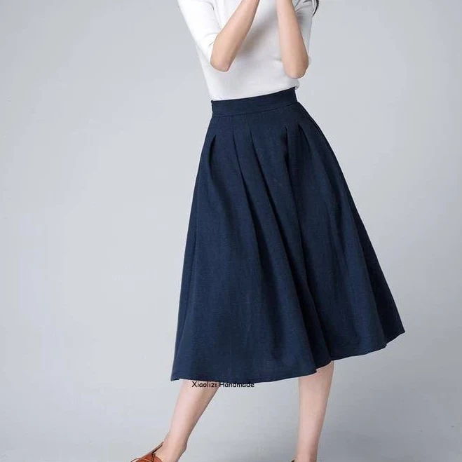 Women's High Waist Pleated Midi Skirt with Pockets