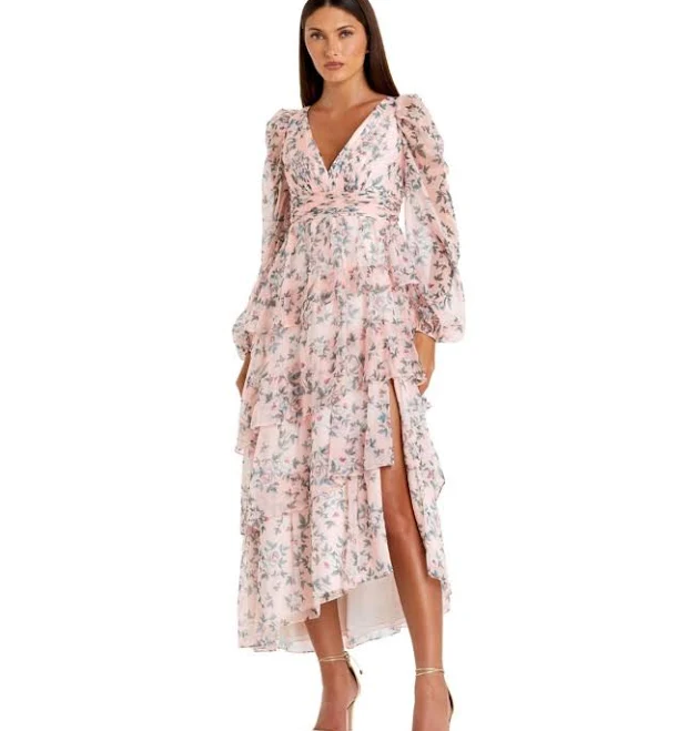 Ieena for Mac Duggal Women's Floral Chiffon A-Line Midi Dress