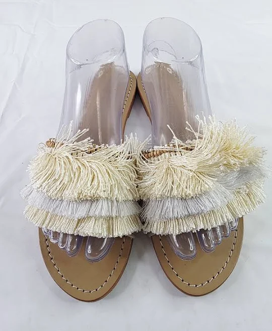 Mystique Sandals Beige & White Fringe With Wood Bead Embellishment