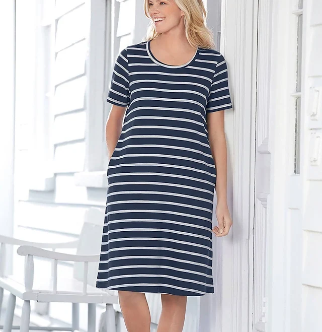 Plus Size Women's Perfect Short-Sleeve Crewneck Tee Dress by Woman Within in Navy Stripe (Size M)