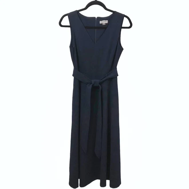 Calvin Klein Solid Deep Navy Blue V-neck Sleeveless Belted Midi Dress