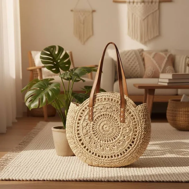 Bohemian Woven Straw Beach Tote with Leather Handle