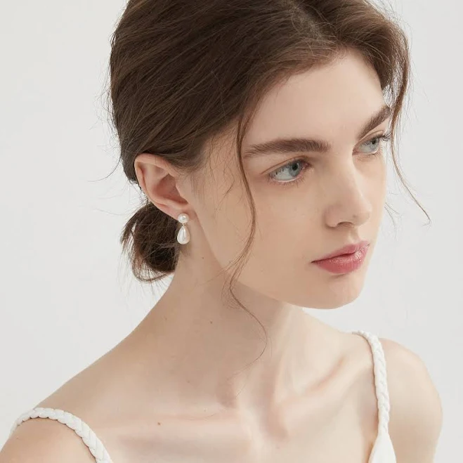 Sterling Silver Natural Double Pearl Dangle Drop Earrings