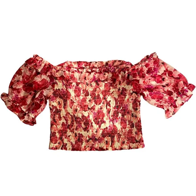 Express Pink Floral Off-shoulder Smocked Top With Puff Sleeve S