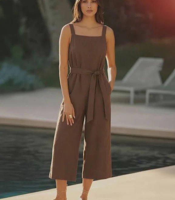 Sleeveless Square Neck Linen Blend Jumpsuit