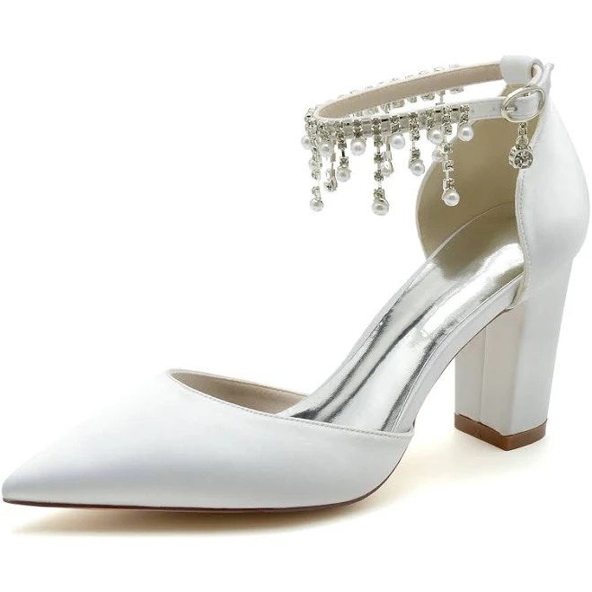 Pearl Satin Pointed Toe D'Orsay Chunky Heels for Wedding