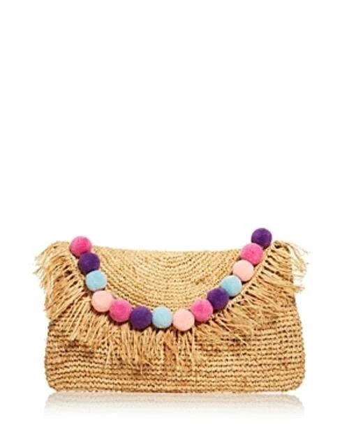 BTB LOS ANGELES Women's Sera Pom Pom Raffia Clutch