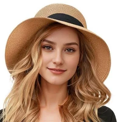 Women's Wide Brim Straw Sun Hat with Ribbon Bow