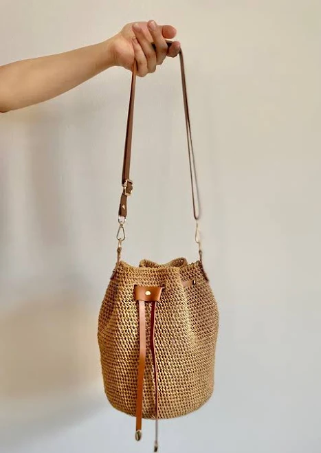 Raffia Bucket Bag with Vegan Leather Strap