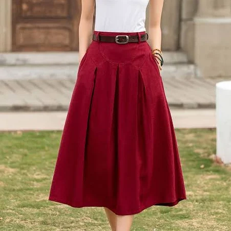 Women's Casual Linen A-Line Swing Skirt with Pockets