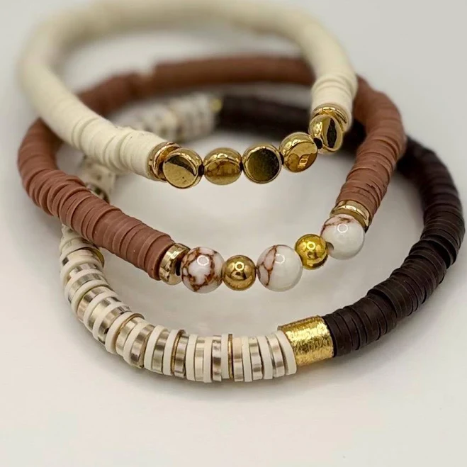 Earthy Neutral Bracelet Stack * Heishi Beaded Bracelets with Gold Accents * Warm Brown Stretch Bracelets * Handmade Jewelry Set of 3