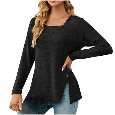 Women's Loose Fit Square Neck Long Sleeve Tunic Top