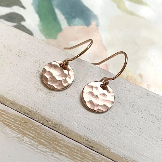 Dainty Rose Gold Hammered Disc Dangle Earrings