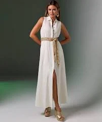 Sleeveless Linen Maxi Shirt Dress Off White
