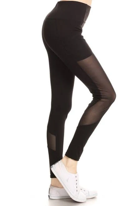 High Waisted Nylon Leggings with Mesh Panel