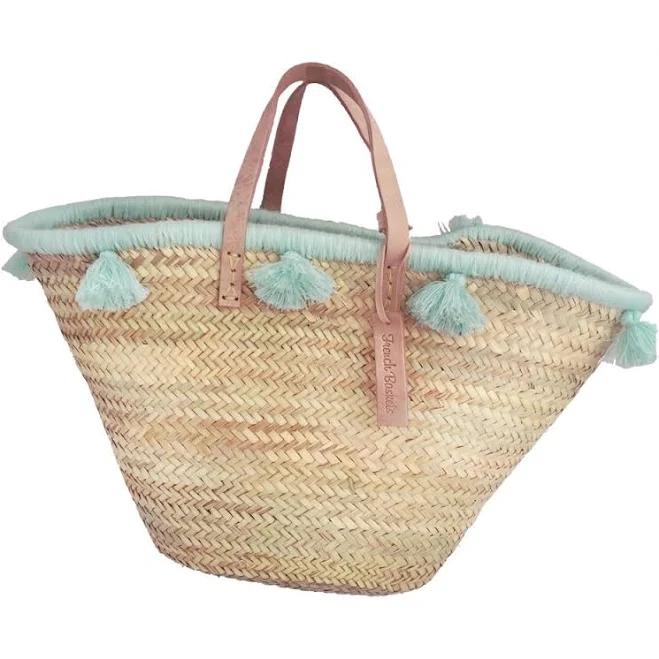 Straw Tote Handbag with Lagoon Pompom