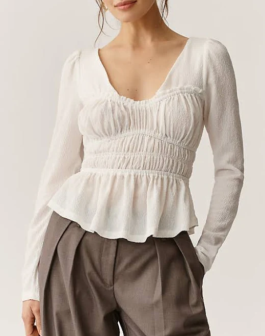 Long-Sleeve Smocked Top by Maeve in Ivory, Size: Large at Anthropologie