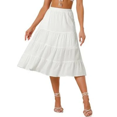 Women's Midi Solid Elastic Waist Flare Tiered Long Pockets A-Line Skirt