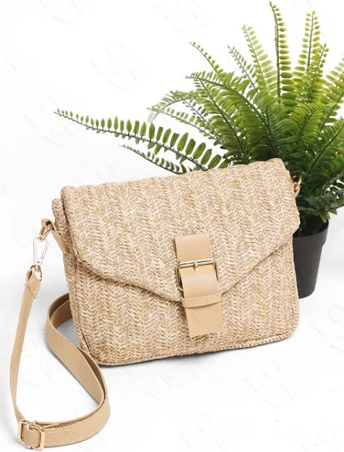 Straw Crossbody Bag with Leather Strap