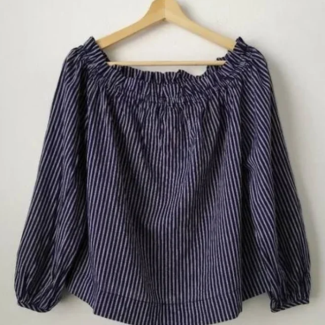 Universal Thread Navy White Striped Off Shoulder Linen Blend Top Shirt