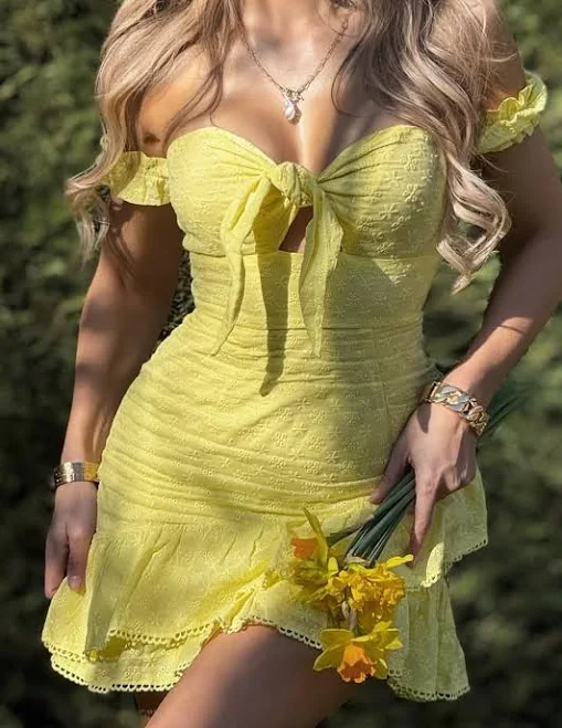 Floral Embroidered Off Shoulder Ruffle Cut Out Mini Dress