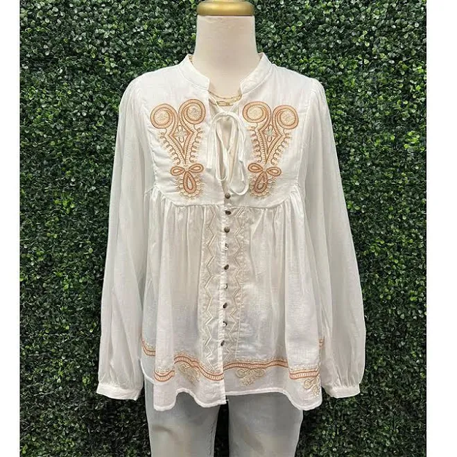 Bohemian Embroidered Tie Neck Peasant Blouse