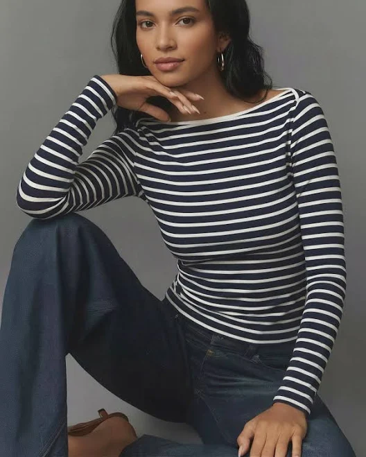 Long Sleeve Striped Boat Neck Knit Top