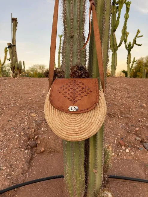 Personalized Boho Raffia & Leather Crossbody Bag