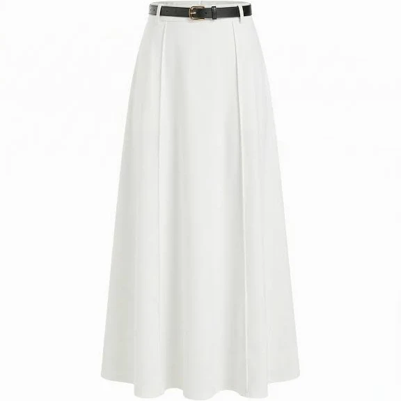 CIDER Women's Flattering Woven Stretchy Mid Rise A-line Maxi Skirt with Belt and