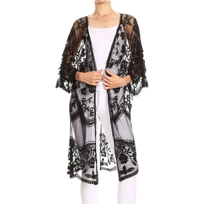 Anna-Kaci Women's Feinuhan Long Embroidered Lace Kimono Cardigan Half
