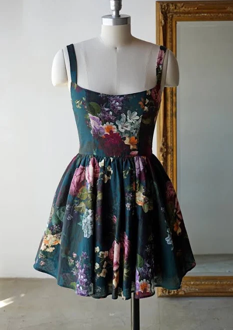 Vintage Floral Fit & Flare Cotton Linen Mini Dress with Pockets