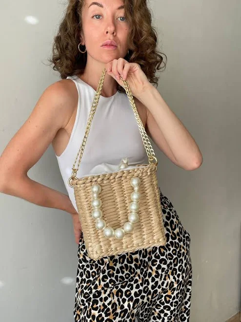 Pearl Beaded Straw Tote Bag