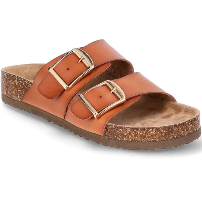 Flat slide sandals with wide, comfortable straps