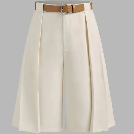 CIDER Women's Woven Mid Rise Pleated Bermuda Shorts Belt