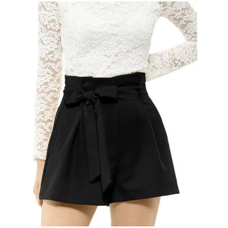 Allegra K Women's Elegant Bow Self-Tie Belt High Paper Bag Waist Shorts