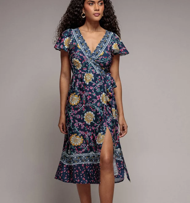 Goddiva Floral Print Wrap Midi with Flutter Sleeves