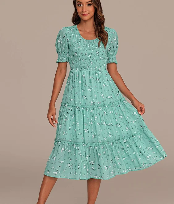 Floral Puff Sleeve Round Neck Smocked Tiered Midi Dress